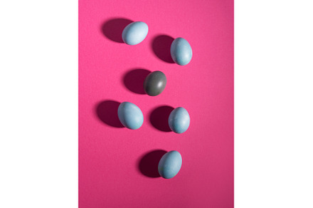 Blue easter hen eggs on dark pink, a Holiday Photo by Lifemorning