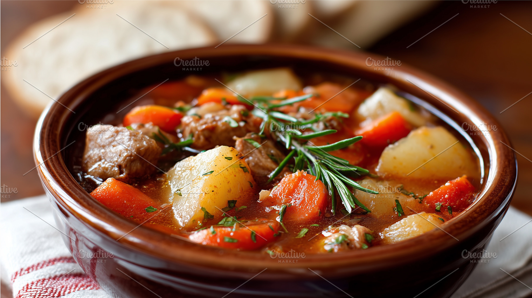 Close up of a rustic bowl with beef, a Food & Drink Photo by MistyDay
