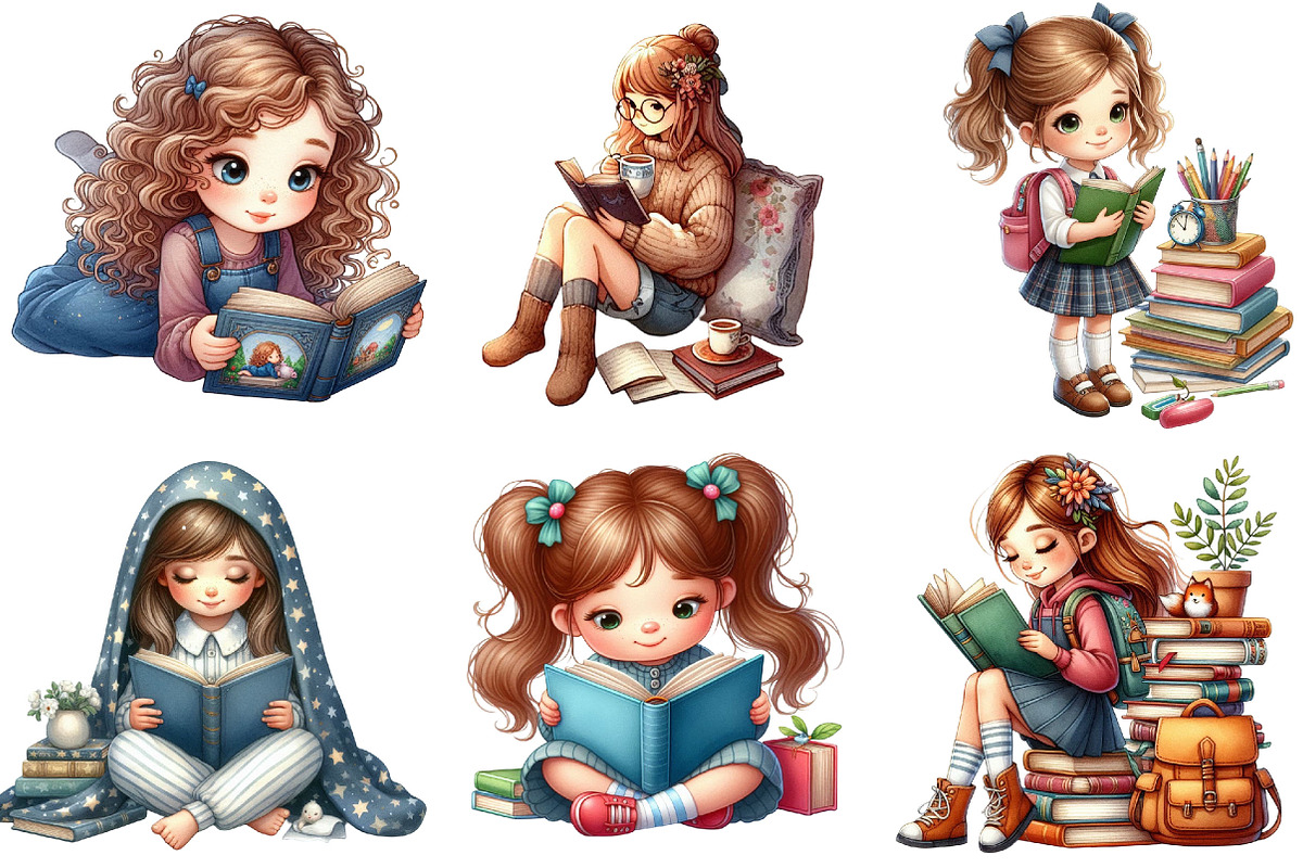 Cute Little Girl Reading Clipart, an Illustration by Pixels.Craft (Photo 2 of 10)
