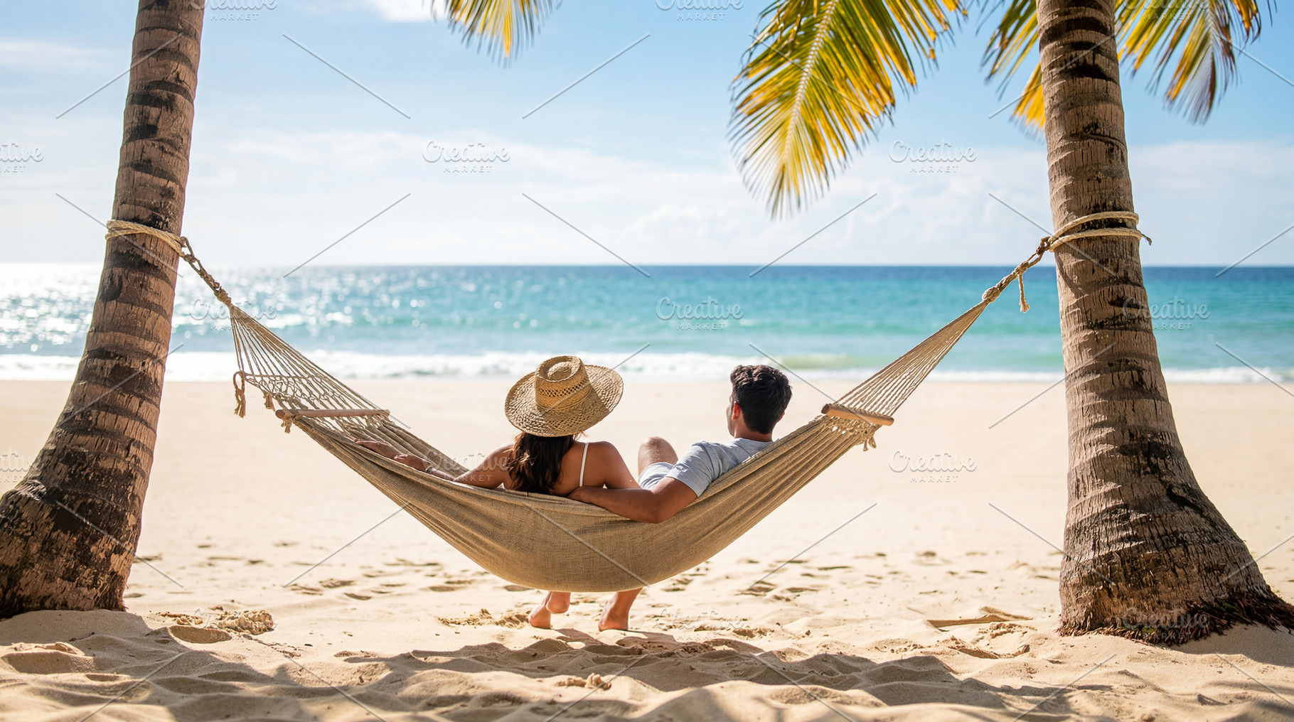 Couple Resting in Hammock by Ocean Shore, a Sports & Recreation Photo by Davizro's Market