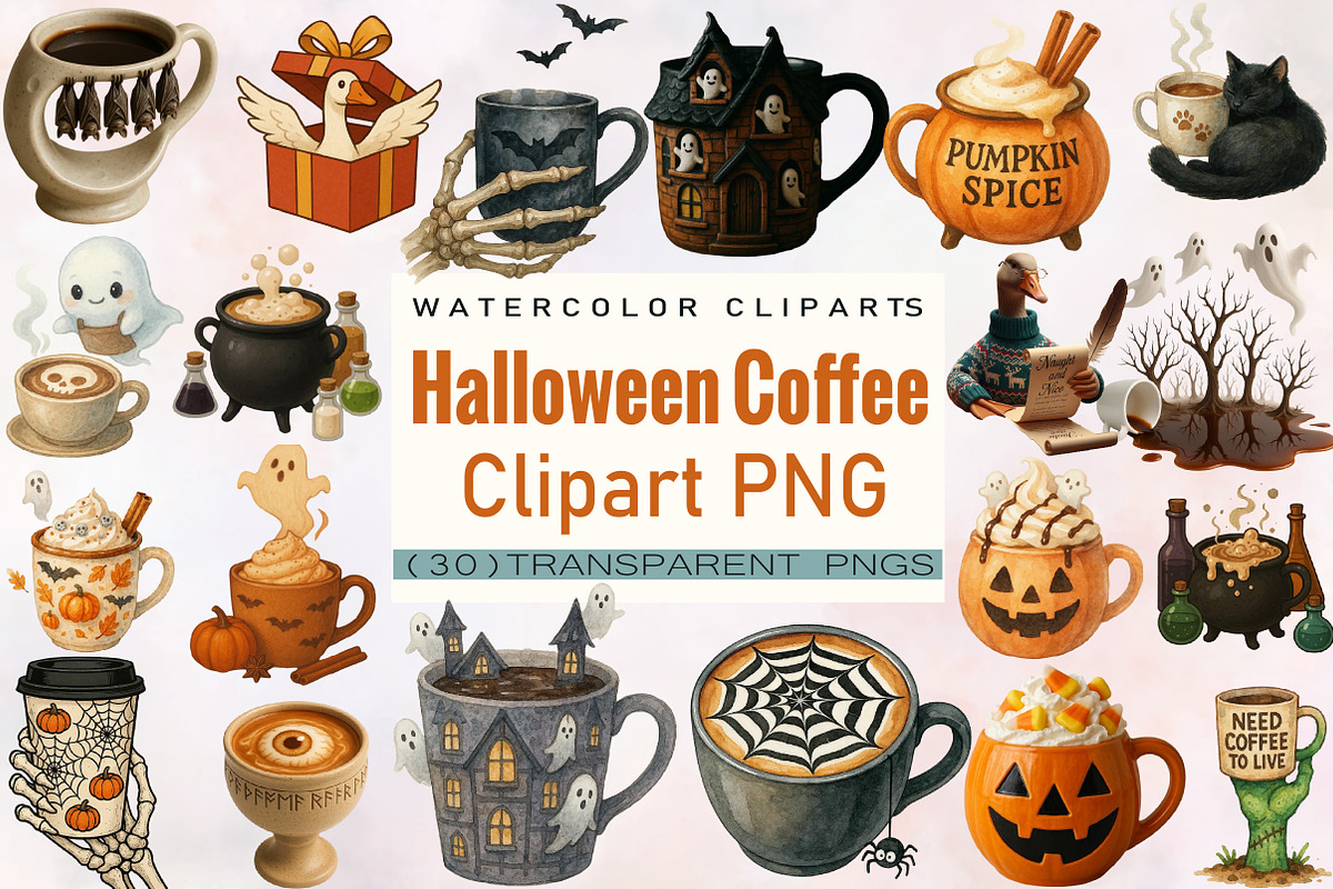 Watercolor Halloween Coffee Clipart, an Illustration by SVGArt (Photo 1 of 8)
