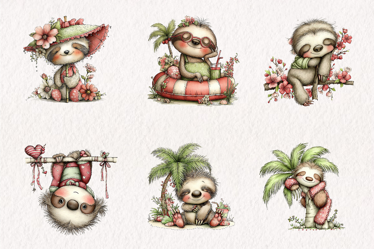 Whimsical Summer Lazy Sloth Clipart, an Illustration by CreationArt (Photo 7 of 7)