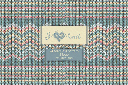 Knit seamless pattern and logo set