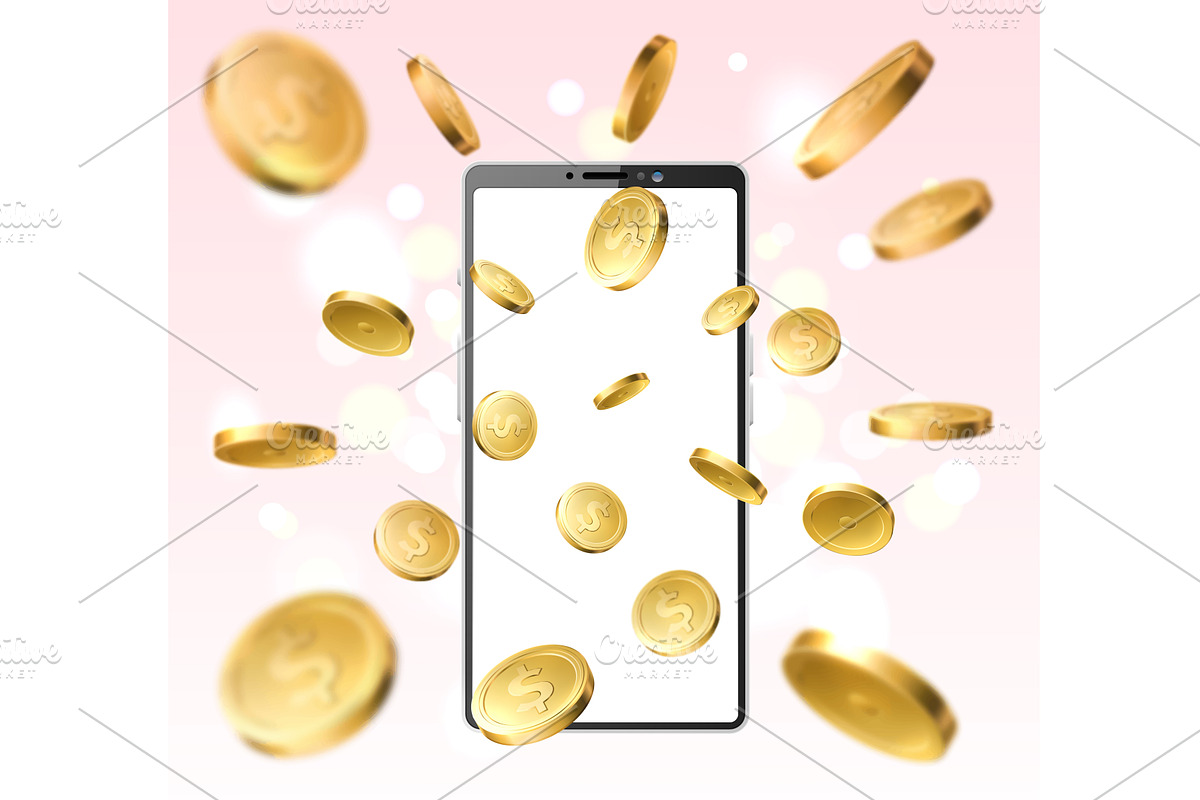 Coins fly out of cell phone screen, a Finance Illustration by Vectorbuum