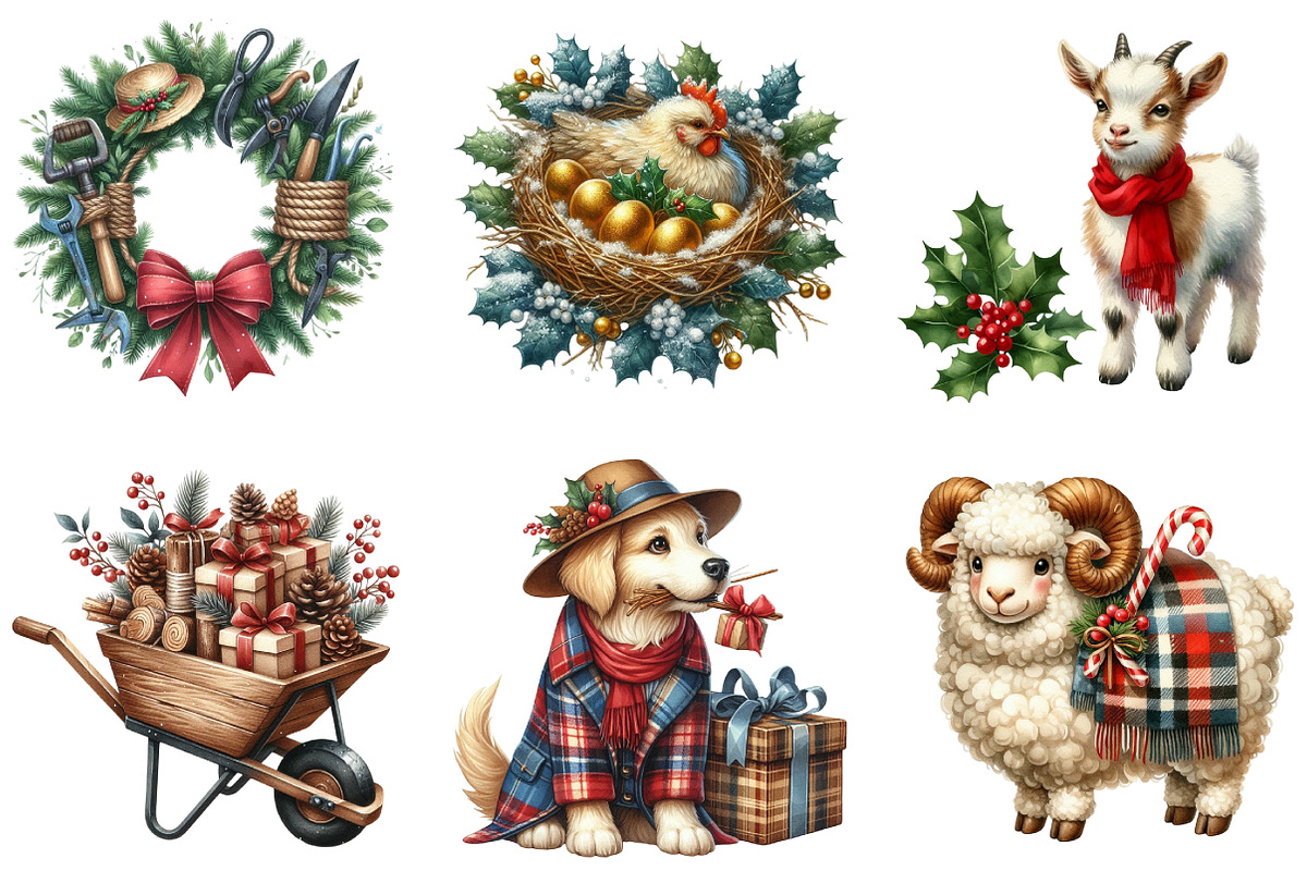 Cozy Farm Christmas Watercolor, an Illustration by DreamArtGraphic (Photo 5 of 6)