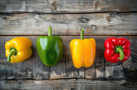 Ripe colorful peppers on wooden table, a Food & Drink Photo by AlyaAnd