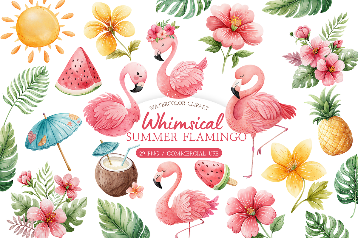 Watercolor Flamingo Clipart, an Animal Illustration by MockupWizard (Photo 1 of 5)