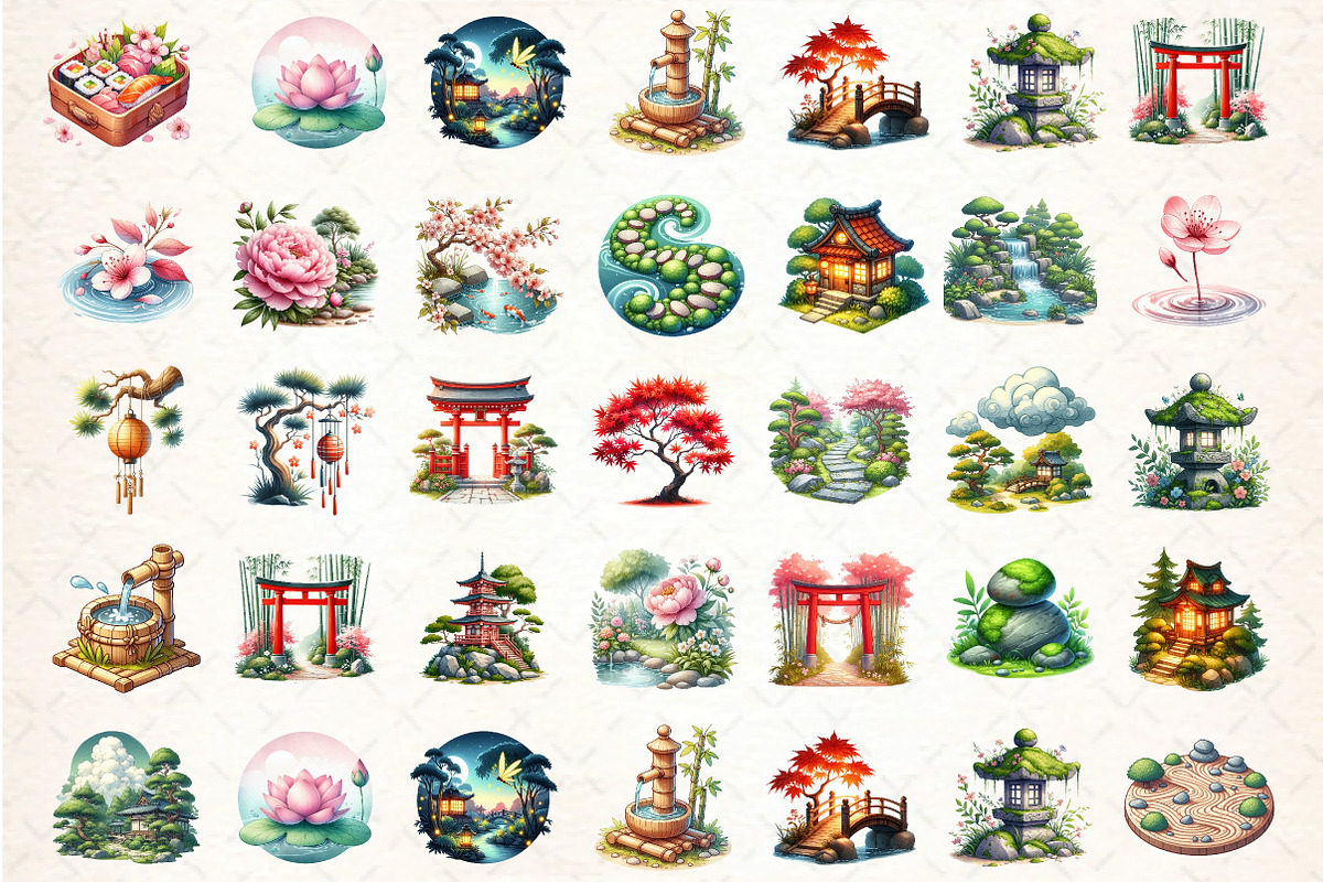 Japanese Garden Watercolor Clipart, an Illustration by DreamCafeArt (Photo 2 of 7)