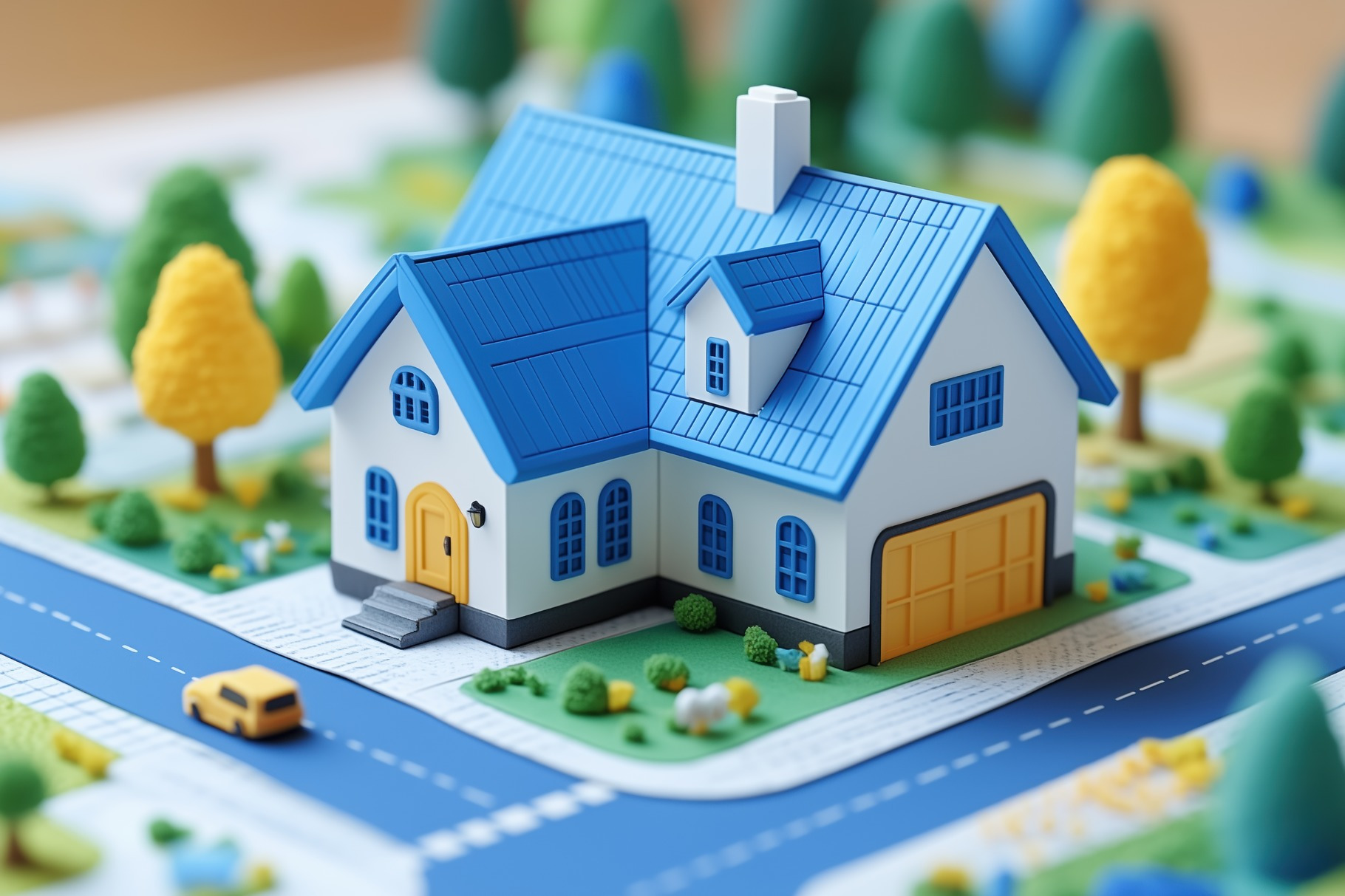 A colorful miniature house model with a blue roof, situated on a ...