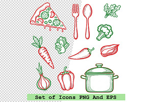 Set of food and kitchen icons vector, an Icon by one-touch