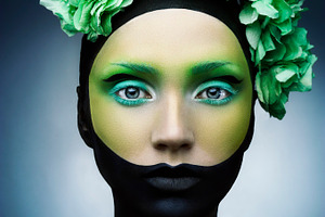 Girl with creative green and black and green make up and flowers, a Beauty & Fashion Photo by Slava Samoilenko