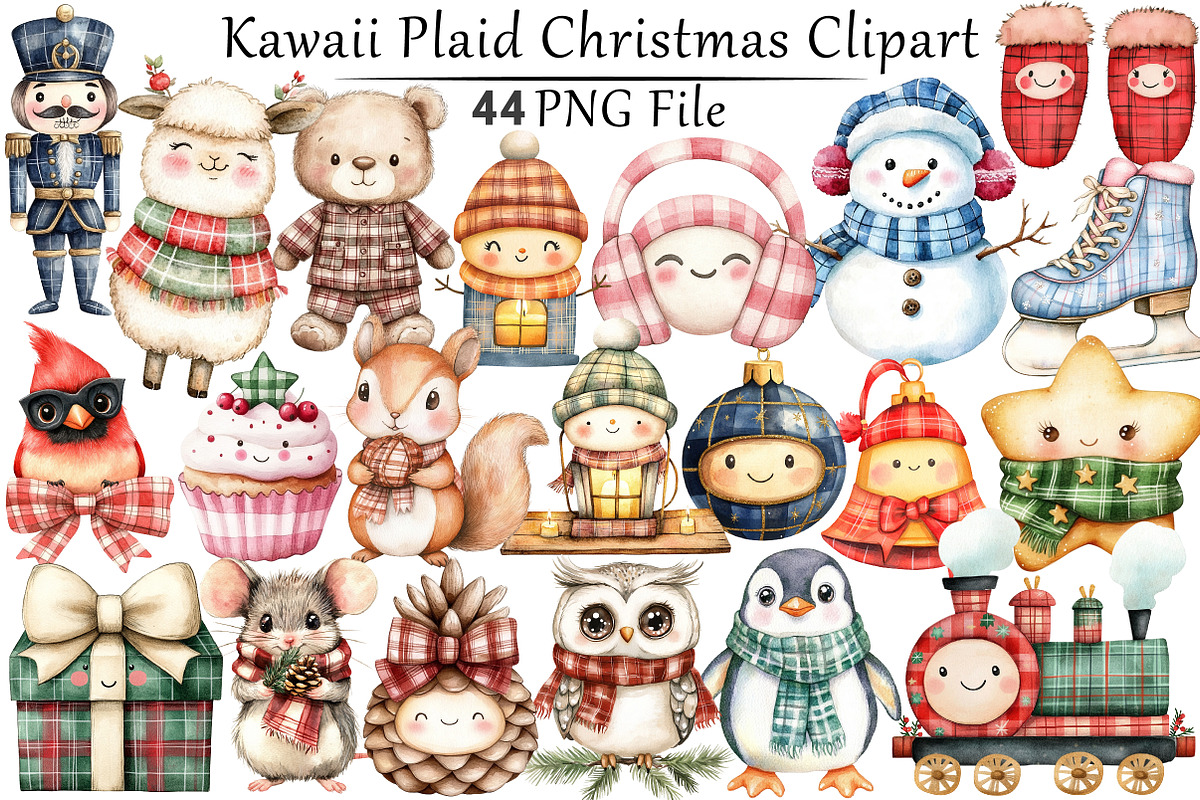 Kawaii Plaid Christmas Clipart, a Seasonal Illustration by CitraGraphics (Photo 1 of 9)