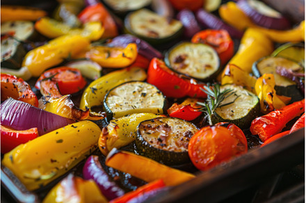 Colorful roasted vegetables seasoned, a Food & Drink Photo by Ylivdesign