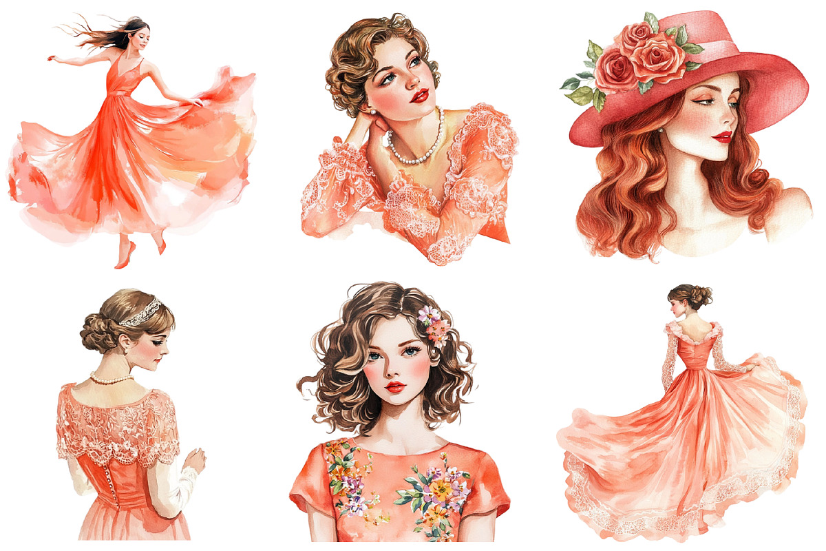 Coral Spring Vintage Woman Clipart, an Illustration by SinaCreation (Photo 2 of 5)