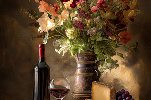 Still life painting featuring red wine bottle, glass, various cheese types, gra, a Food & Drink Photo by Studio ANNA