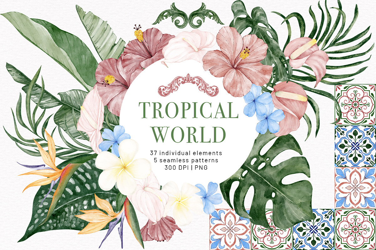 Tropical Flower Leaves. Tile Pattern, an Illustration by PawGraphic (Photo 1 of 6)