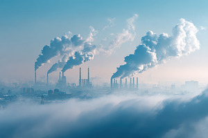 Sunlit refinery with smoke plumes, an Industrial Photo by AlyaAnd
