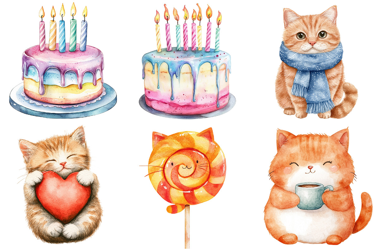 Watercolor Cats Birthday Clipart, a Seasonal Illustration by CitraGraphics (Photo 5 of 7)