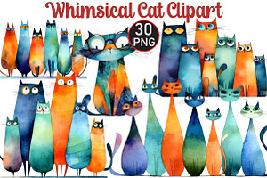 Whimsical Cat Clipart, an Illustration by Black Bird Studio