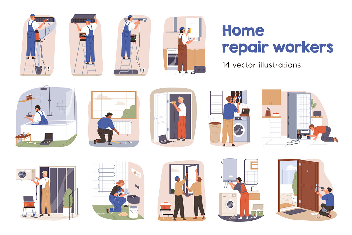 Repairmen, home repair workers set, a Work Illustration by Good Studio (Photo 1 of 13)