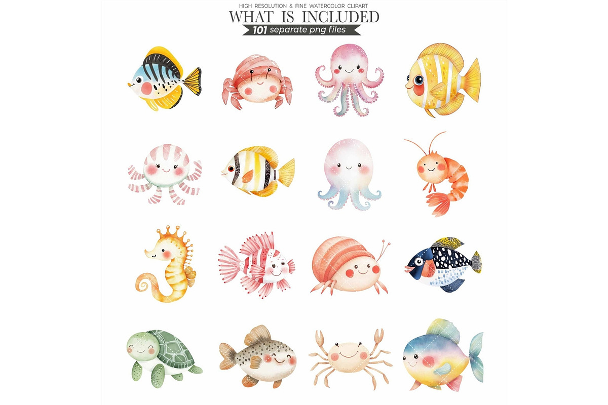 Cute Sea Animals Watercolor Clipart, an Animal Illustration by CharmClipart (Photo 4 of 9)