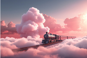 Train Pink Clouds Landscape