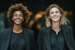 Two confident businesswomen walking together with cheerful expressions outdoors, a Person Photo by AS photostudio