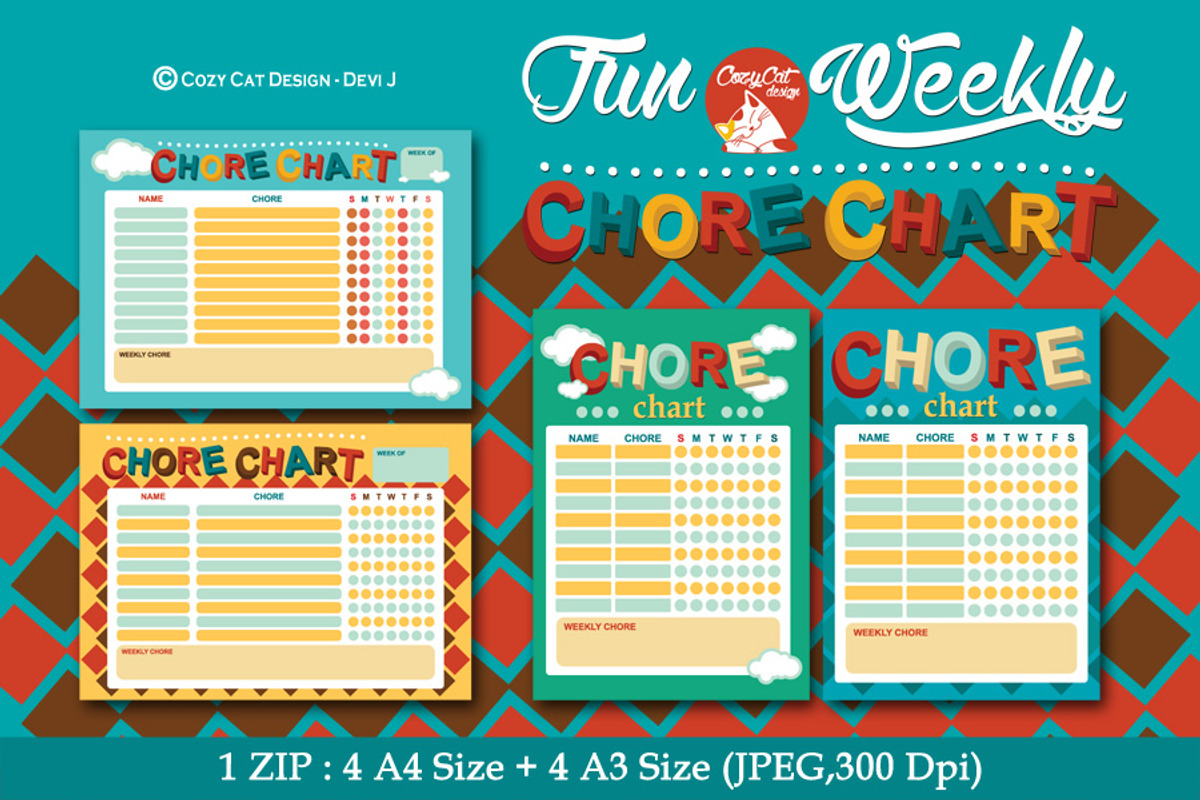 Fun Weekly Chore Chart Digital Print, an Illustration by Cozy Cat Design