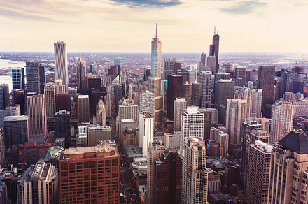 Vintage photo with aerial view of Chicago, Illinois.