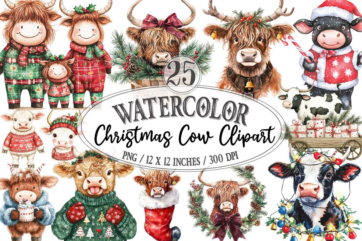 Funny Christmas Cow Clipart PNG, a Seasonal Illustration by Designking (Photo 1 of 4)