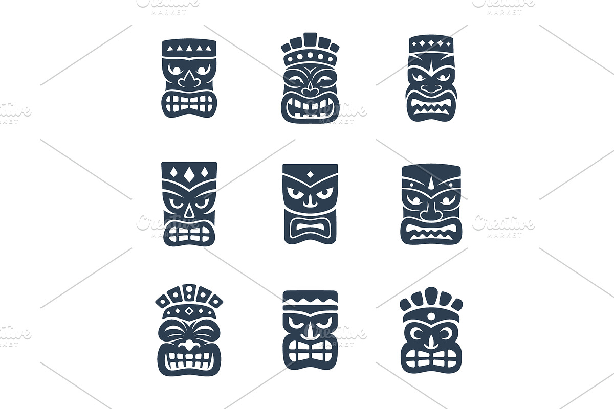 Set of nine tiki mask silhouettes, an Illustration by GraphiShop