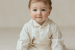 Adorable baby boy with gentle smile wearing vintage inspired whi, a Photo by Studio ANNA