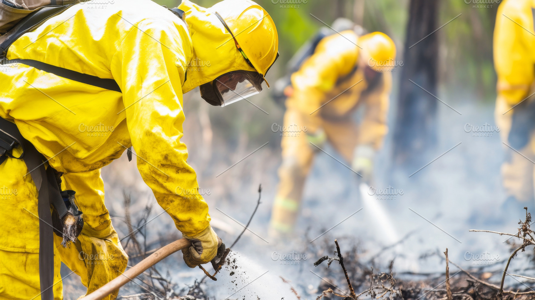 Firefighters combat forest wildfire in protective gear, creating, a Photo by Dvoevnore photos