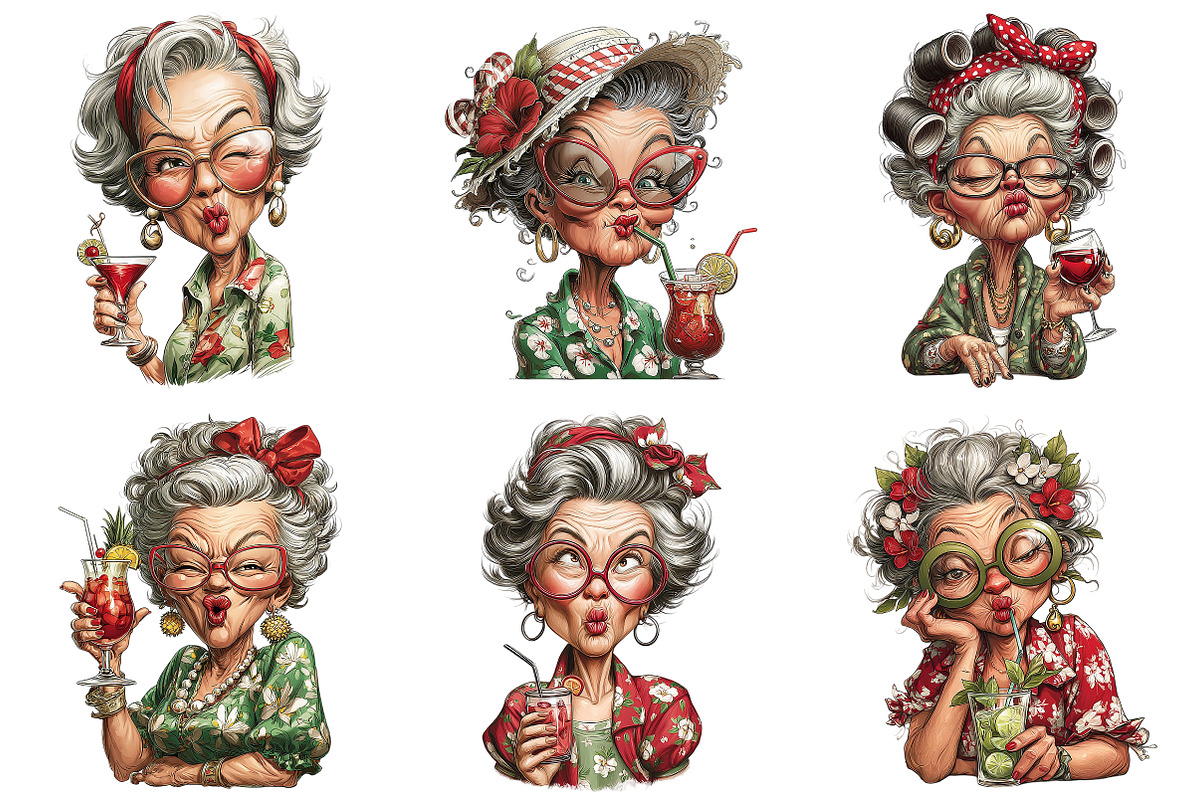 Funny Senior Lady Drinking Cocktail, an Illustration by Craft Nest (Photo 9 of 9)
