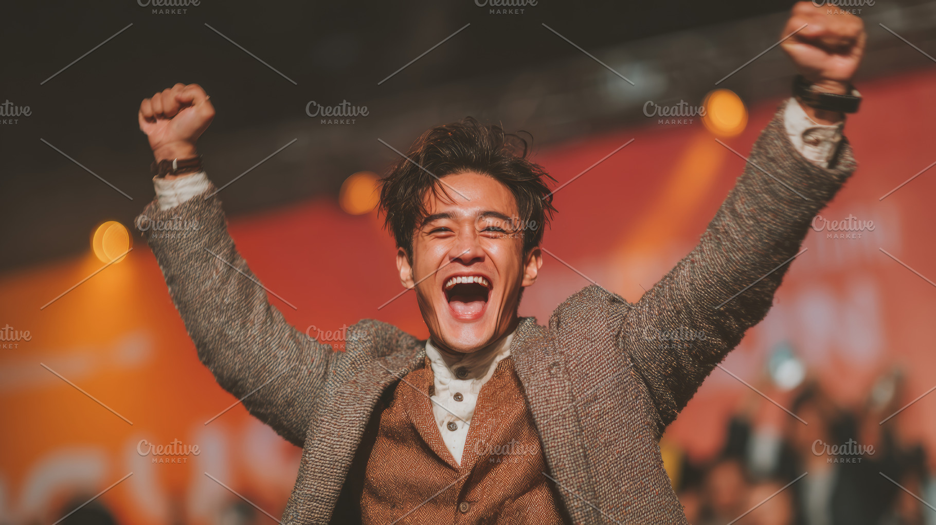 Young asian man celebrating success with excitement and energy at an event, a Person Photo by AS photostudio