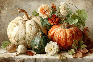 Autumn still life with pumpkins gourds and flowers on textured t, a Food & Drink Photo by José Manuel Gelpi