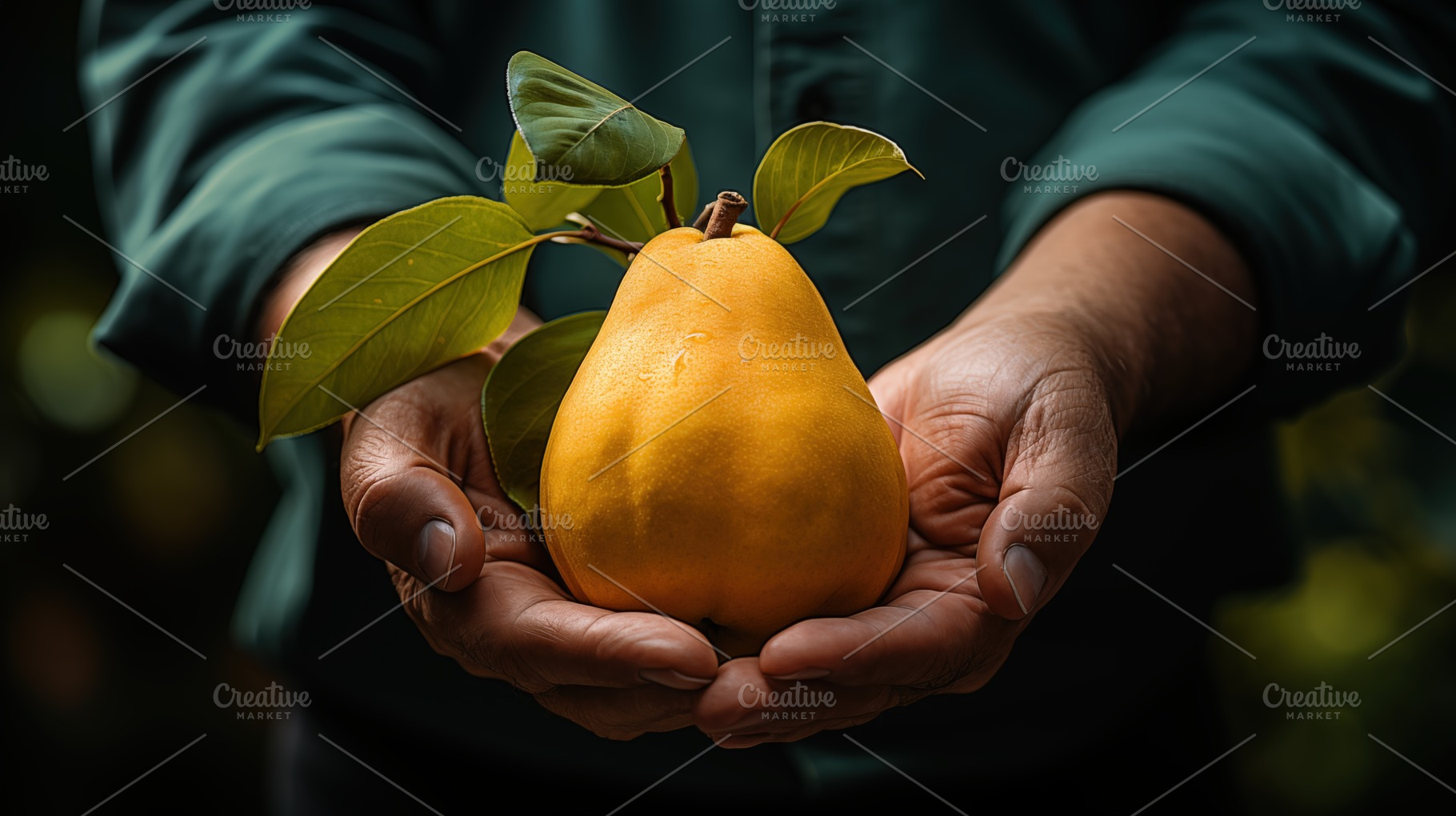 Ripe yellow quince with green leaves in hands, set against a blurred natural ba, a Food & Drink Photo by Textures & Backgrounds