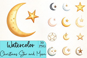 Christmas Star and Moon Clipart, an Illustration by CrexoraLab