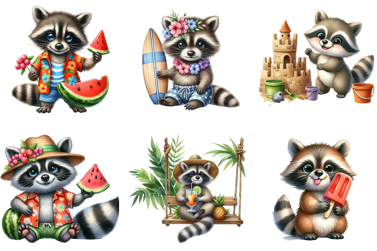 Summer Raccoon Sublimation Clipart, a Seasonal Illustration by DreamArtGraphic (Photo 4 of 4)