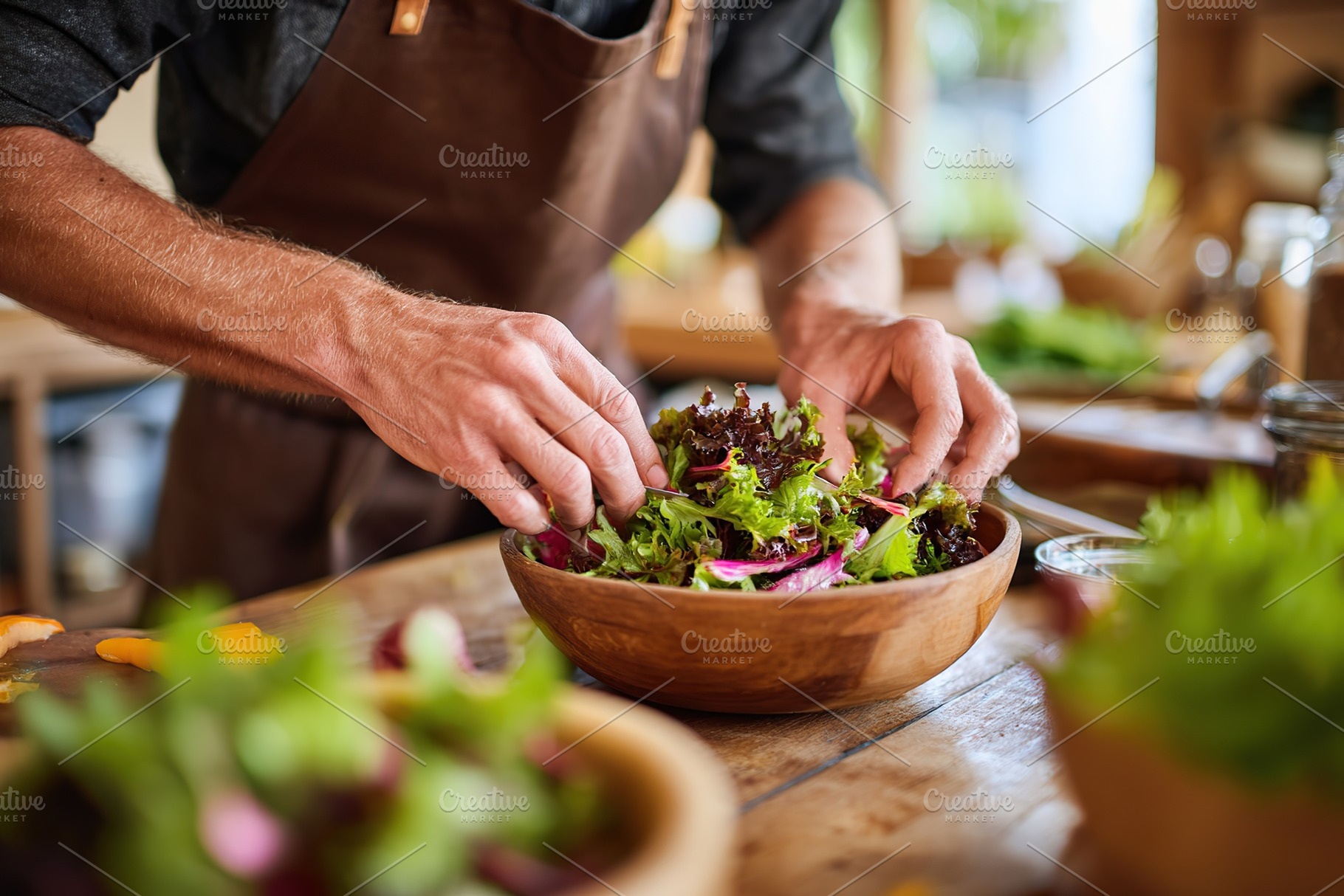 Creating a colorful seasonal salad from fresh garden ingredients in a rustic ki, a Photo by AlyaAnd