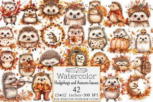 Hedgehogs and Autumn leaves clipart, a Seasonal Illustration by Design Market