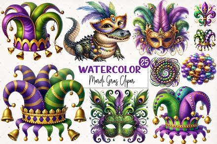 Watercolor Mardi Gras Clipart PNG, an Illustration by SinaCreation