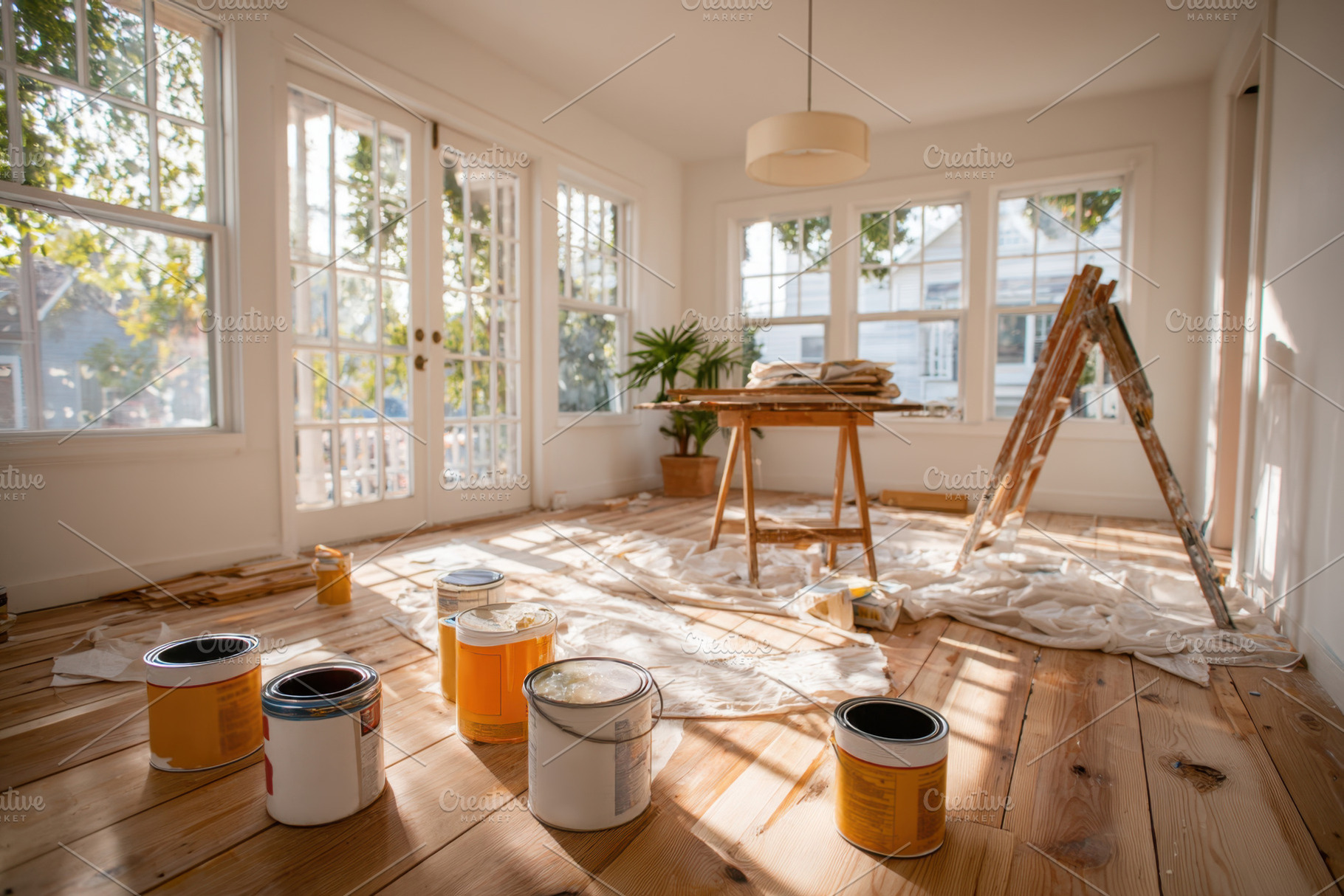 Bright room with painting supplies for home renovation, an Industrial Photo by AlyaAnd
