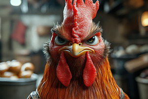Detailed close-up of a fierce rooste, a Photo by Tanuart