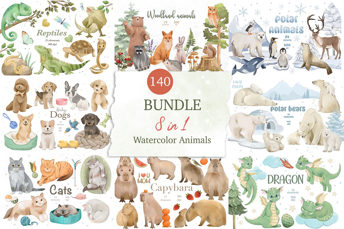 Watercolor Animals Bundle 8 in 1, an Animal Illustration by ArtGiftsStudio (Photo 1 of 10)