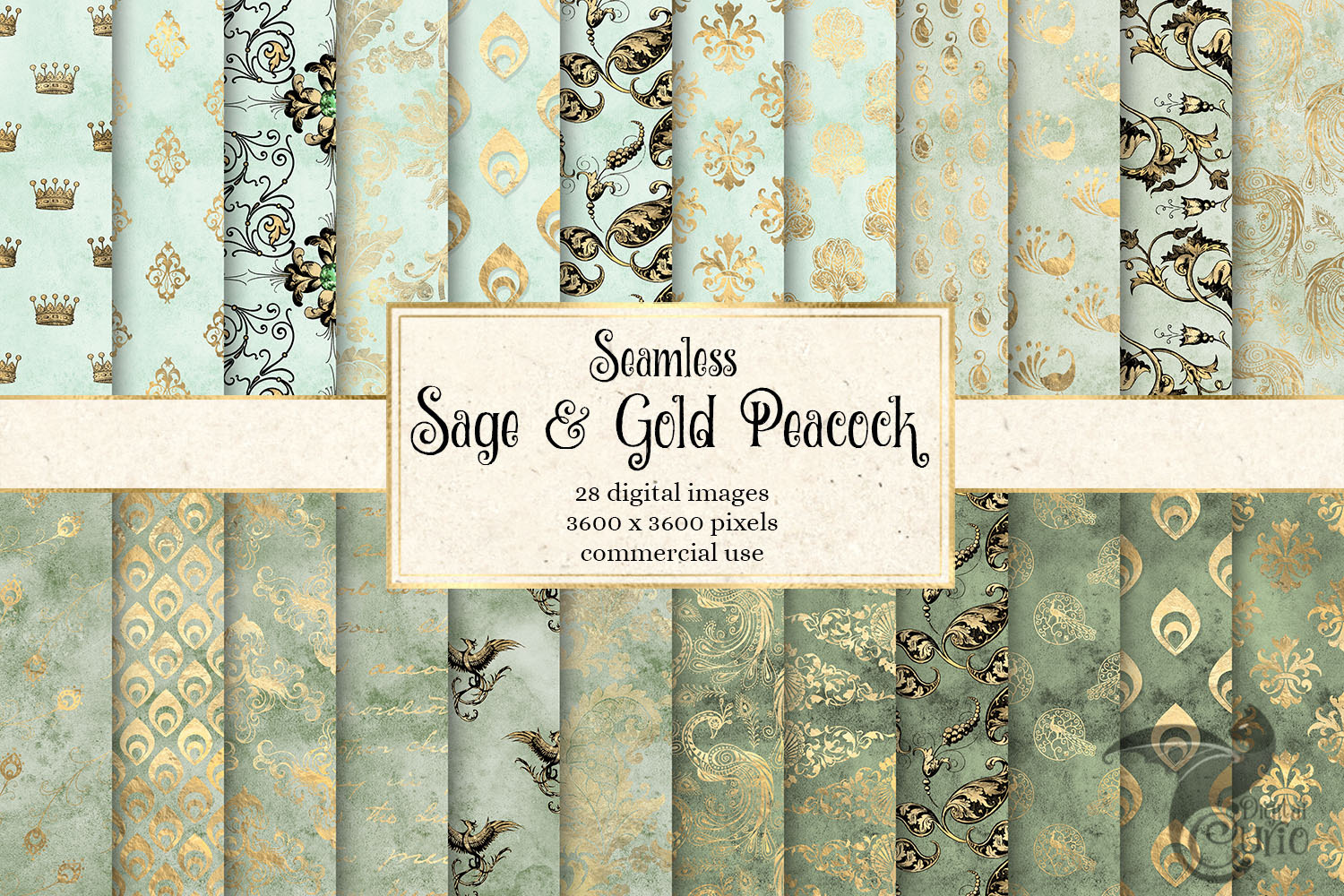 Sage & Gold Peacock Digital Paper, a Pattern Graphic by Digital Curio