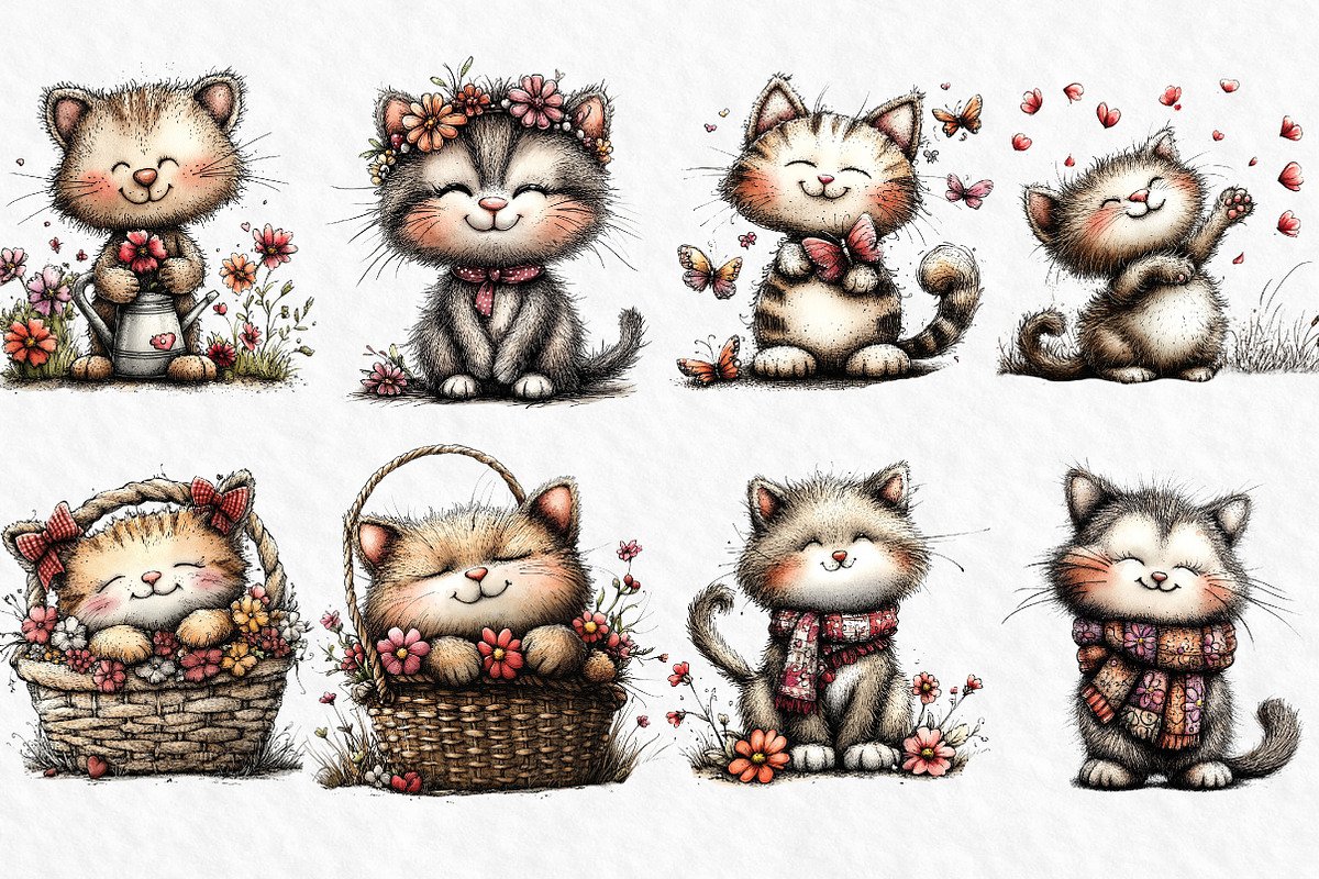 Whimsical Spring Cat Clipart Png, an Illustration by Watercolor design (Photo 4 of 6)