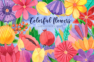 Colorful watercolor flowers clipart
