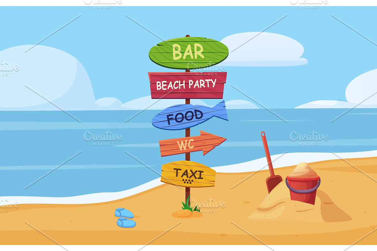 Summer beach wooden stand with, an Illustration by LadadikArt