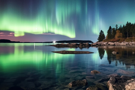 Aurora borealis northern lights over lake. Long exposure. Genera, a Photo by AS photostudio